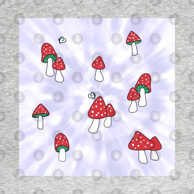 Aesthetic Red Hatted Mushrooms and Butterflies on a Lilac Pastel Tie Dye Background by YourGoods